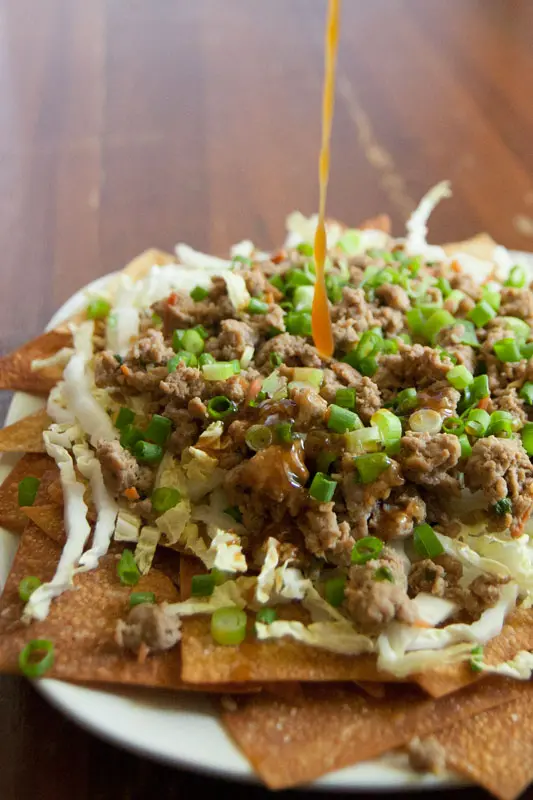 Potsticker Nachos with Baked Sesame Ginger Wonton Chips | Enjoy juicy, gingery pork gyoza filling in a fun, easy-to-share format. These Asian-inspired nachos are sure to be a hit! | www.pinchmeimeating.com