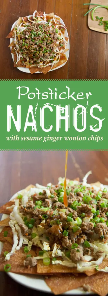 Potsticker Nachos with Baked Sesame Ginger Wonton Chips - A unique and fun take on a classic Asian appetizer!