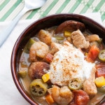 With chicken, shrimp, spicy andouille sausage, okra, and tons of other veggies, this gumbo is packed with FLAVOR and serves a crowd! | www.pinchmeimeating.com