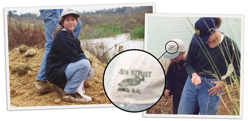 Me, approximately age 10, wearing my favorite Okra Strut baseball cap while fossil hunting with my sister.