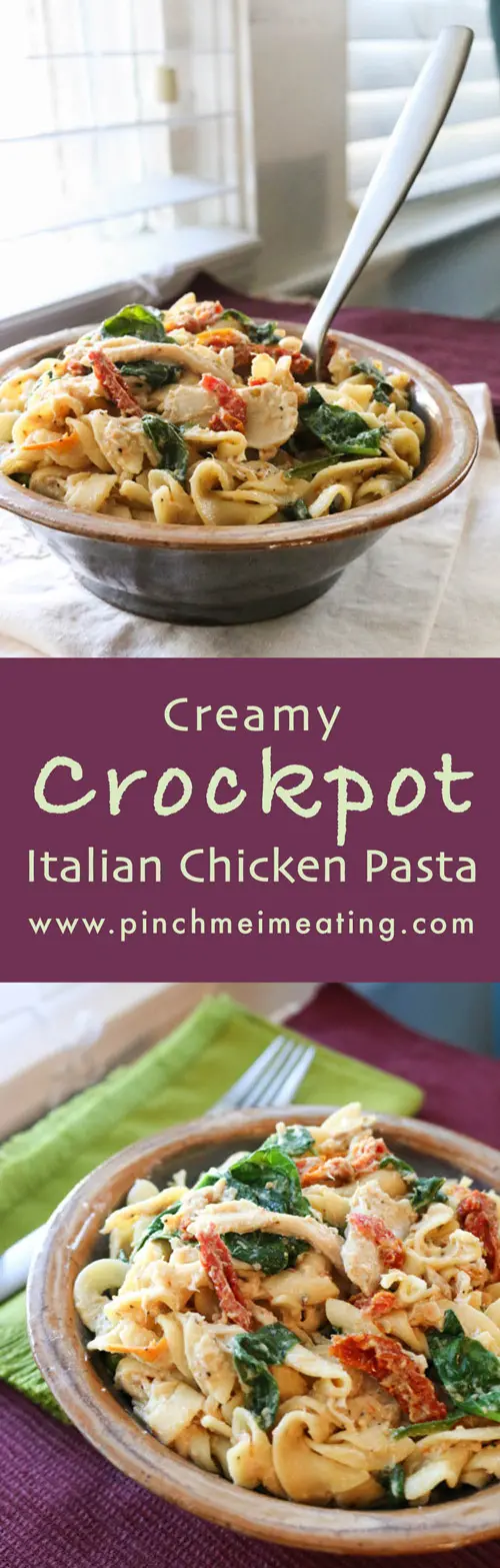 This creamy crockpot Italian chicken pasta requires almost no hands-on time and is the perfect comfort food for a busy day! | www.pinchmeimeating.com