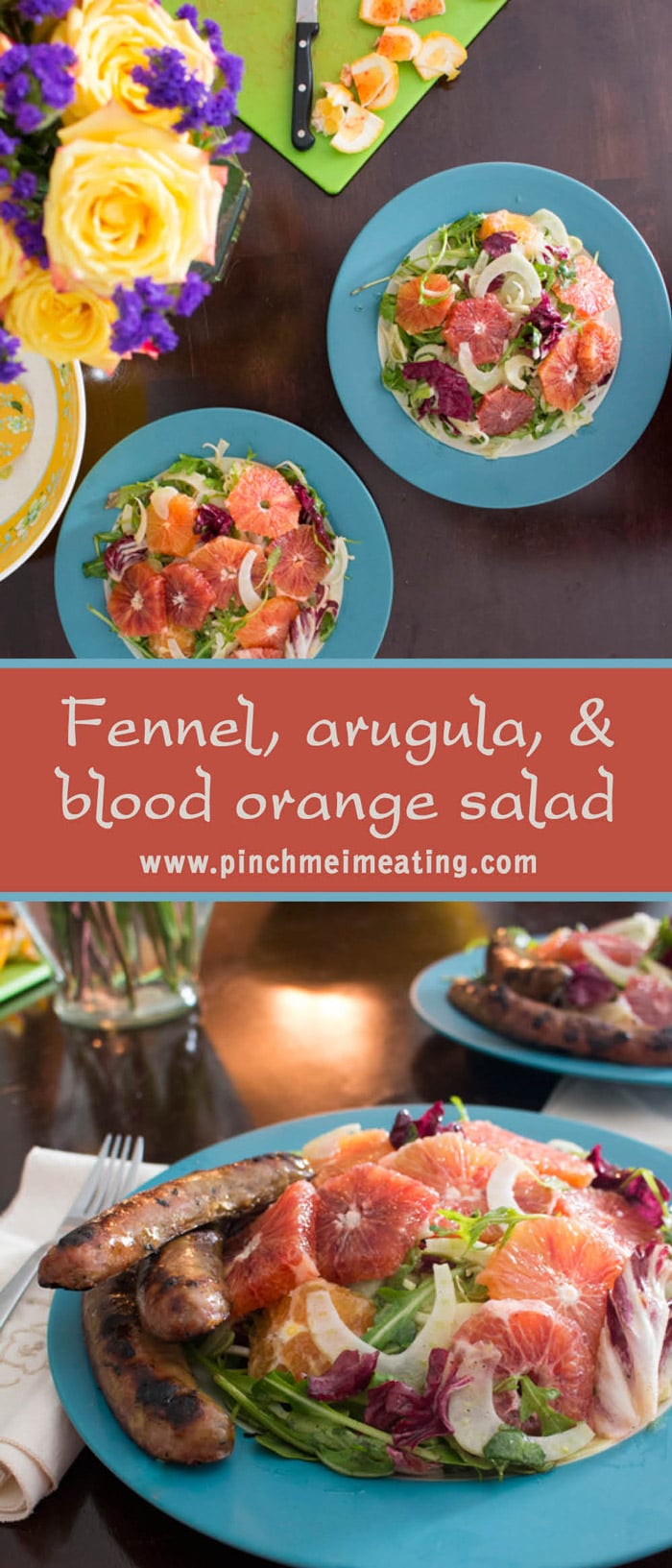 This fennel blood orange salad with arugula is fresh and healthy with peppery greens, crunchy fennel bulbs, and sweet, juicy blood oranges tossed in a simple vinaigrette. Great for clean eating! Make it a full meal with some added chicken sausage!