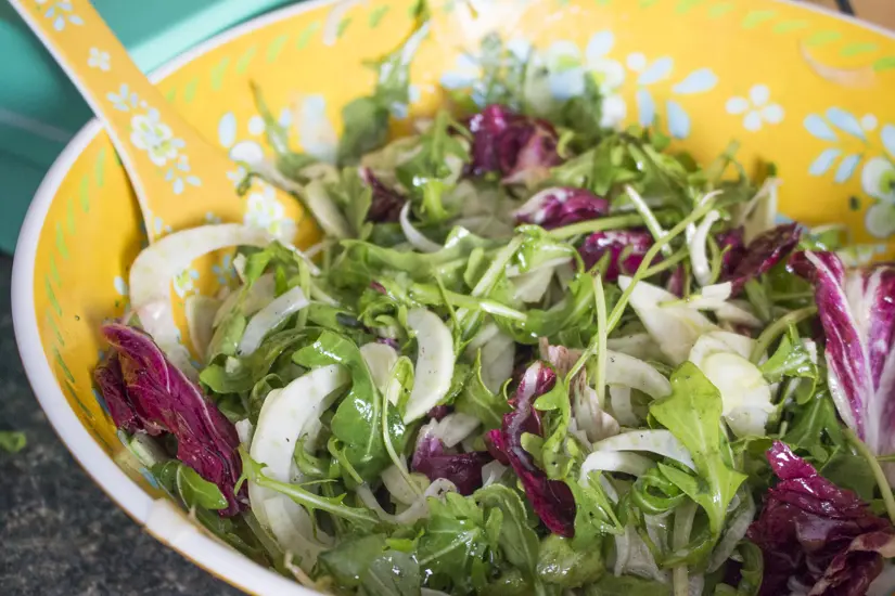 This fennel blood orange salad with arugula is fresh and healthy with peppery greens, crunchy fennel bulbs, and sweet, juicy blood oranges tossed in a simple vinaigrette. Great for clean eating! Make it a full meal with some added chicken sausage!