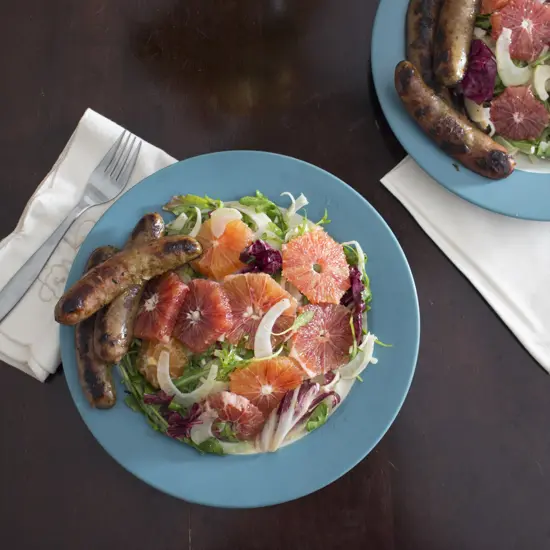 This fennel blood orange salad with arugula is fresh and healthy with peppery greens, crunchy fennel bulbs, and sweet, juicy blood oranges tossed in a simple vinaigrette. Great for clean eating! Make it a full meal with some added chicken sausage!