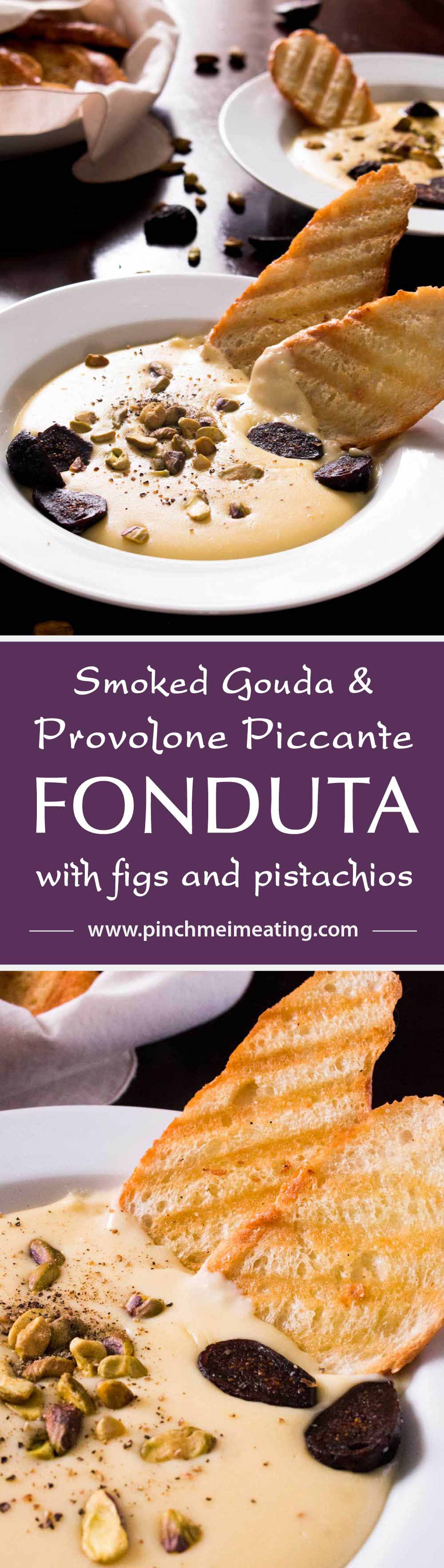 Smoked Gouda and Provolone Piccante Fonduta with Figs and Pistachios - a hot, smokey Italian cheese dip perfect for dipping bread and dried fruit. The Italian version of French fondue, made with milk and egg yolks instead of wine and cornstarch. It's the perfect romantic appetizer, and is both beautiful and simple to whip up! | www.pinchmeimeating.com