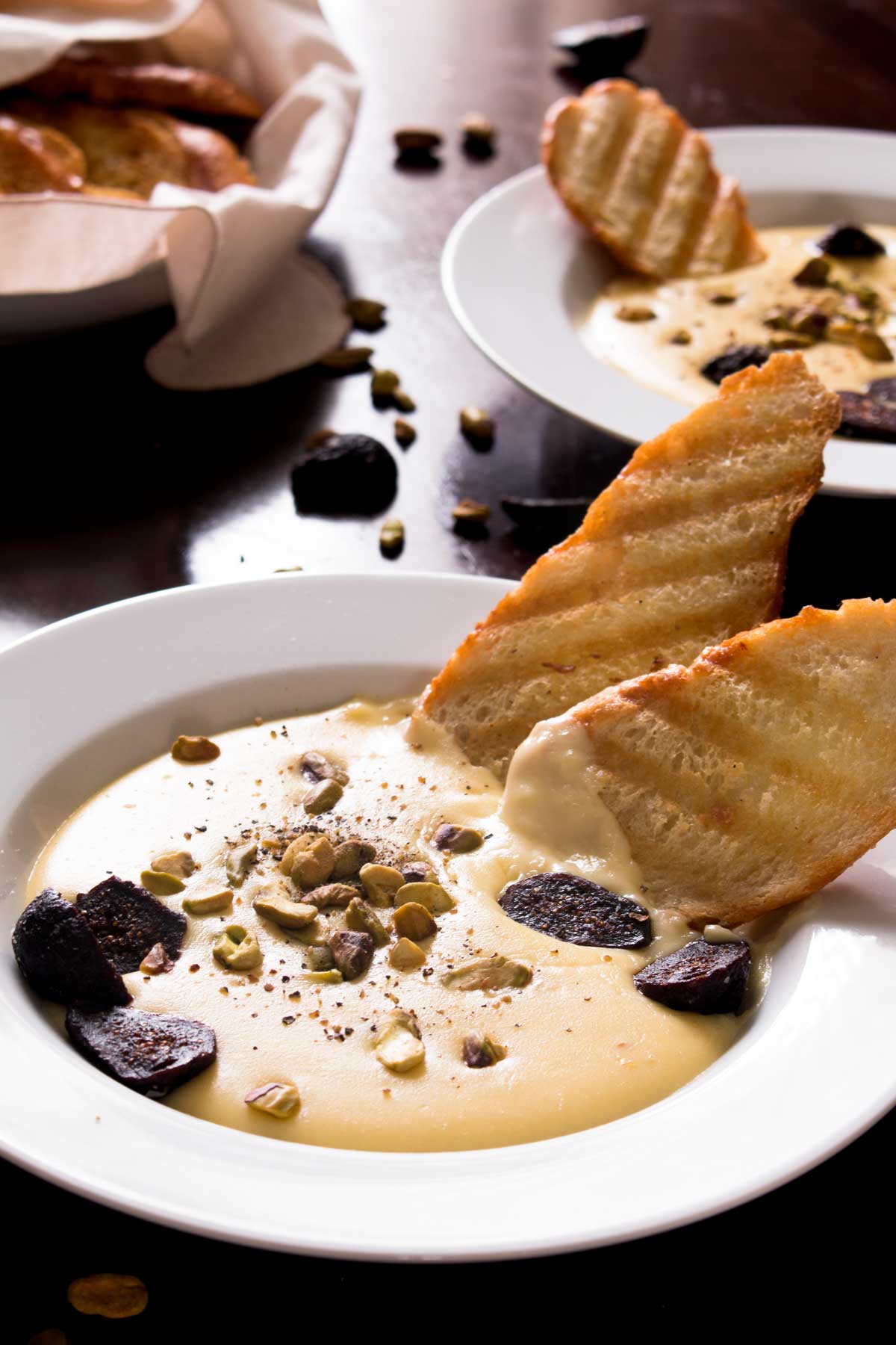 Smoked Gouda and Provolone Piccante Fonduta with Figs and Pistachios