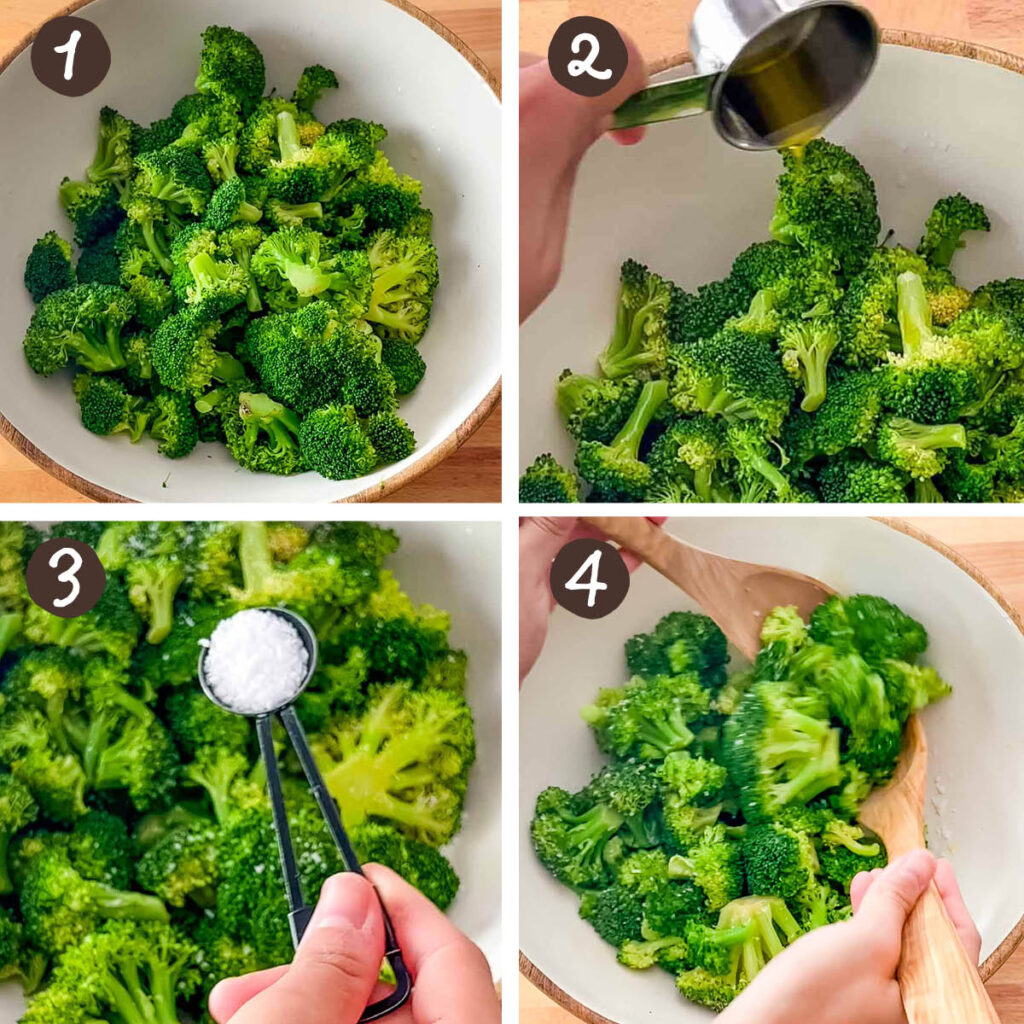 Step by step collage of making lemon broccoli salad.