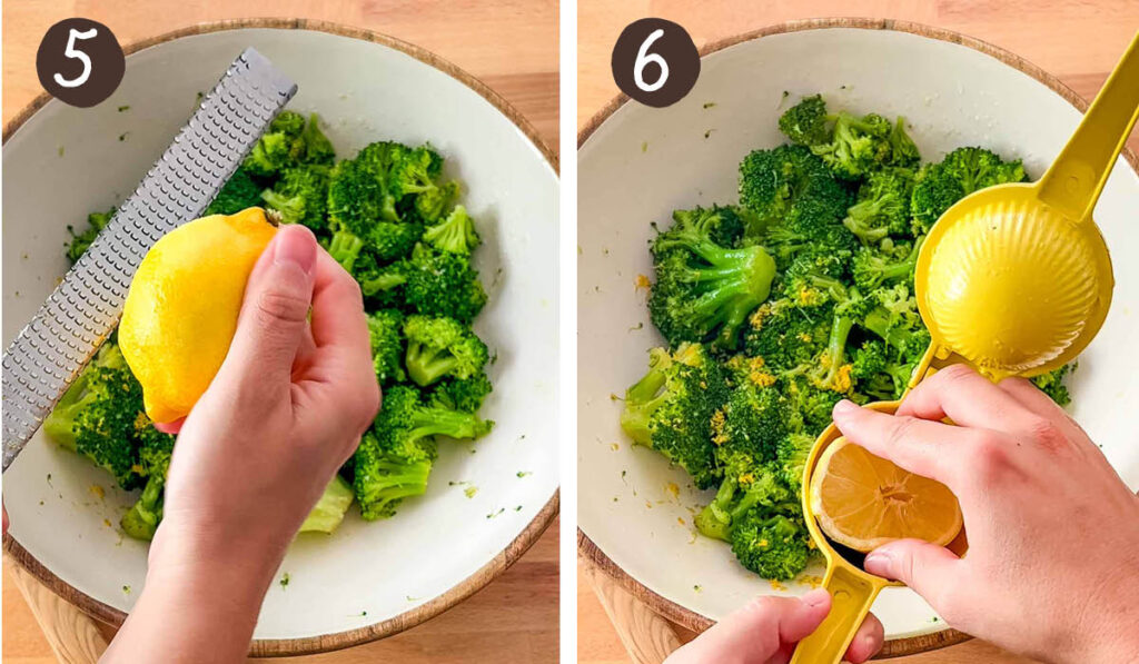 Step by step collage of making lemon broccoli salad.