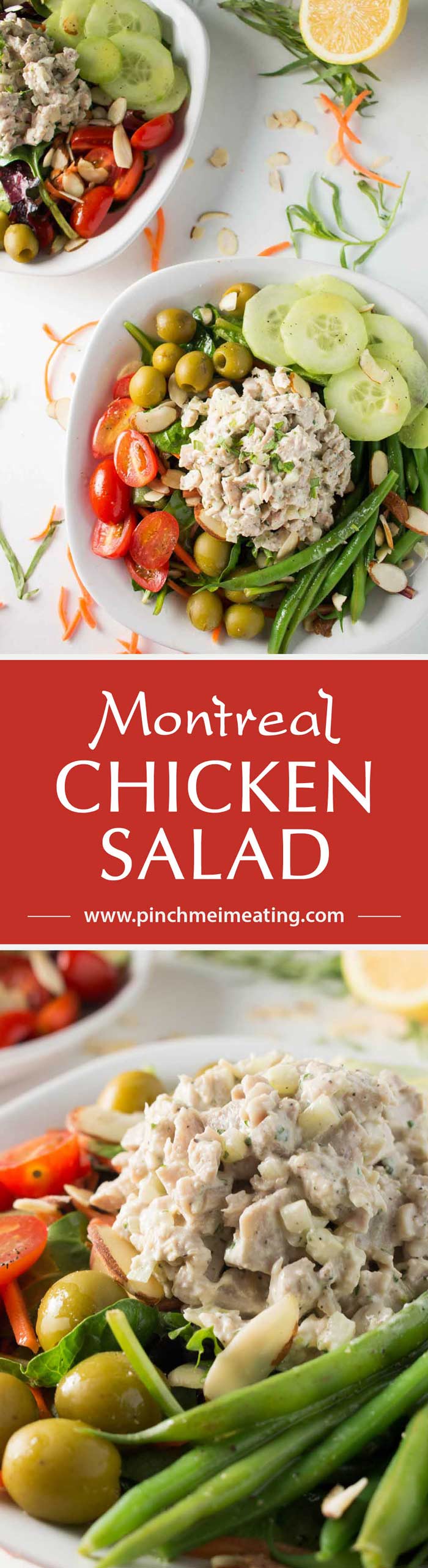 Inspired by a salad from the historic district of Old Montreal, this dinner salad is light, fresh, and perfect for dining al fresco at your own home! Topped with lemon tarragon chicken salad and a champagne vinaigrette. | www.pinchmeimeating.com