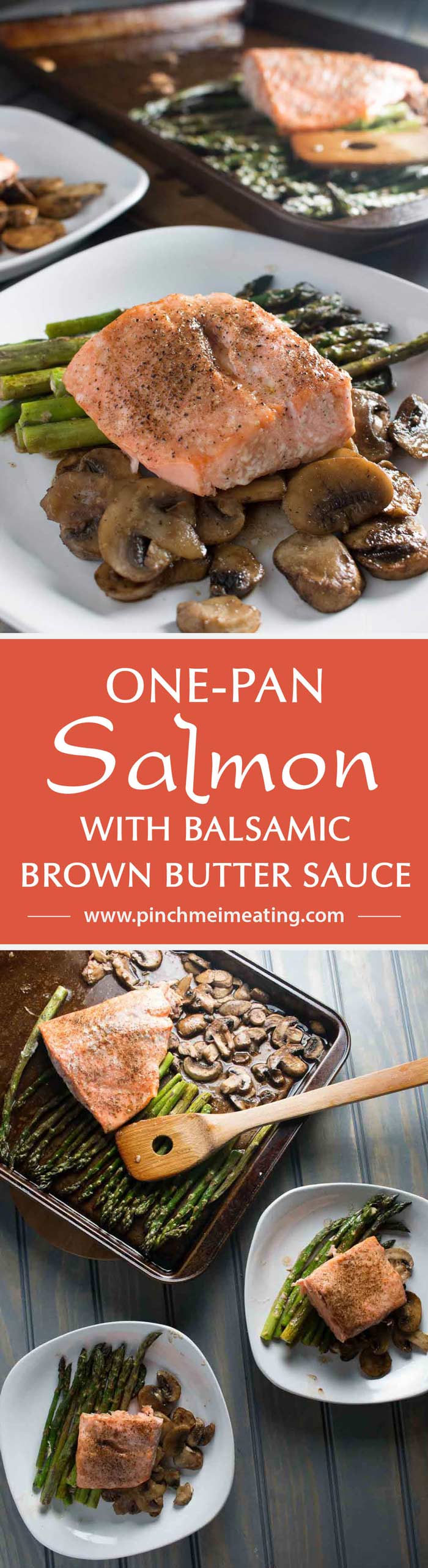 One-pan salmon with asparagus and mushrooms with balsamic brown butter sauce is the easiest, most delicious dinner - and it's ready in only 20 minutes! This is my new favorite meal! | www.pinchmeimeating.com