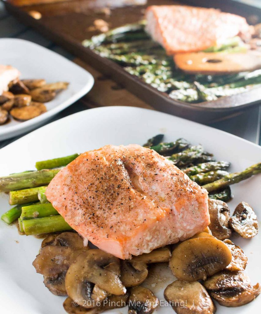 One-pan salmon with asparagus, mushrooms, and balsamic brown butter sauce is the easiest, most delicious dinner - and it's ready in only 20 minutes! This is my new favorite meal! | www.pinchmeimeating.com