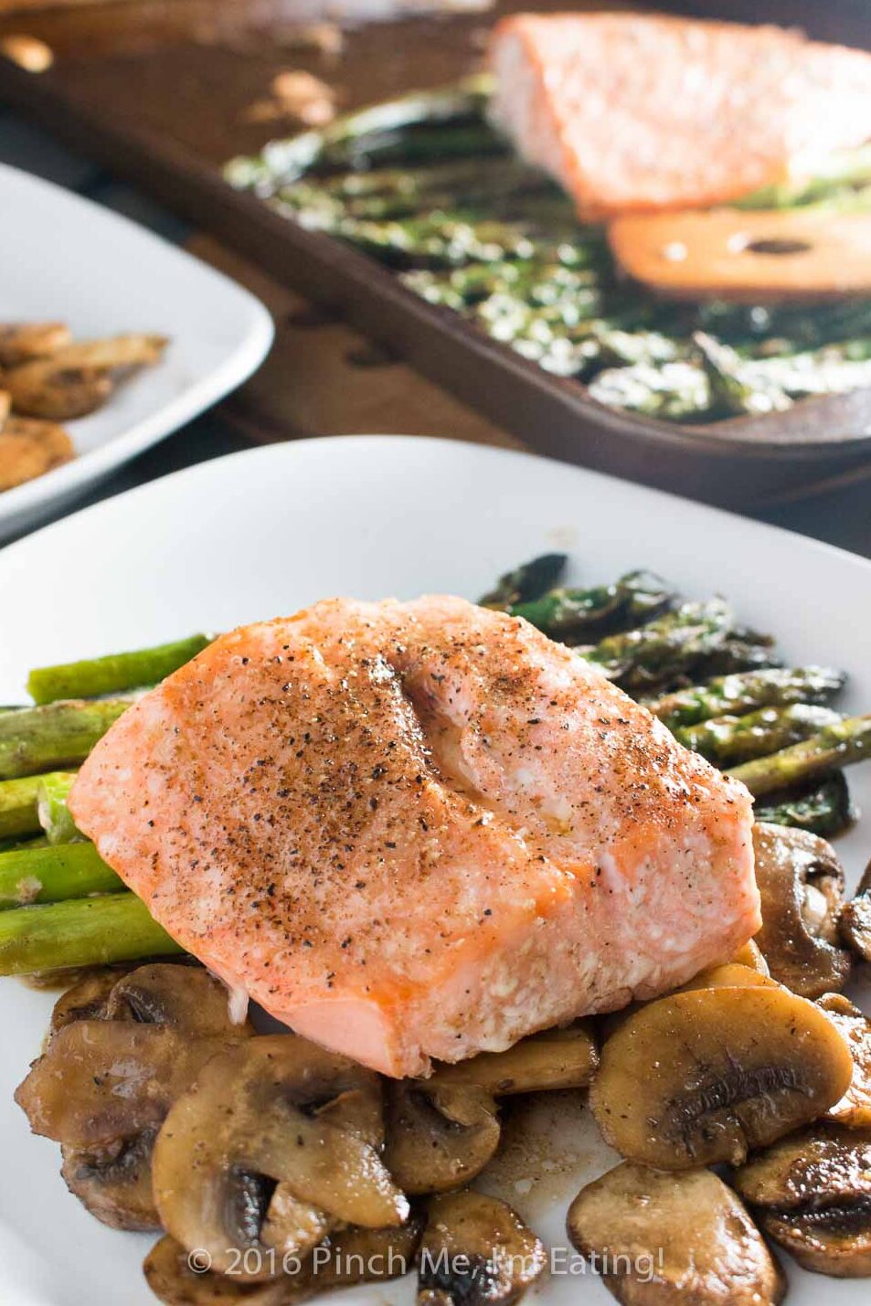 One-pan Salmon with Asparagus, Mushrooms, and Balsamic Brown Butter Sauce