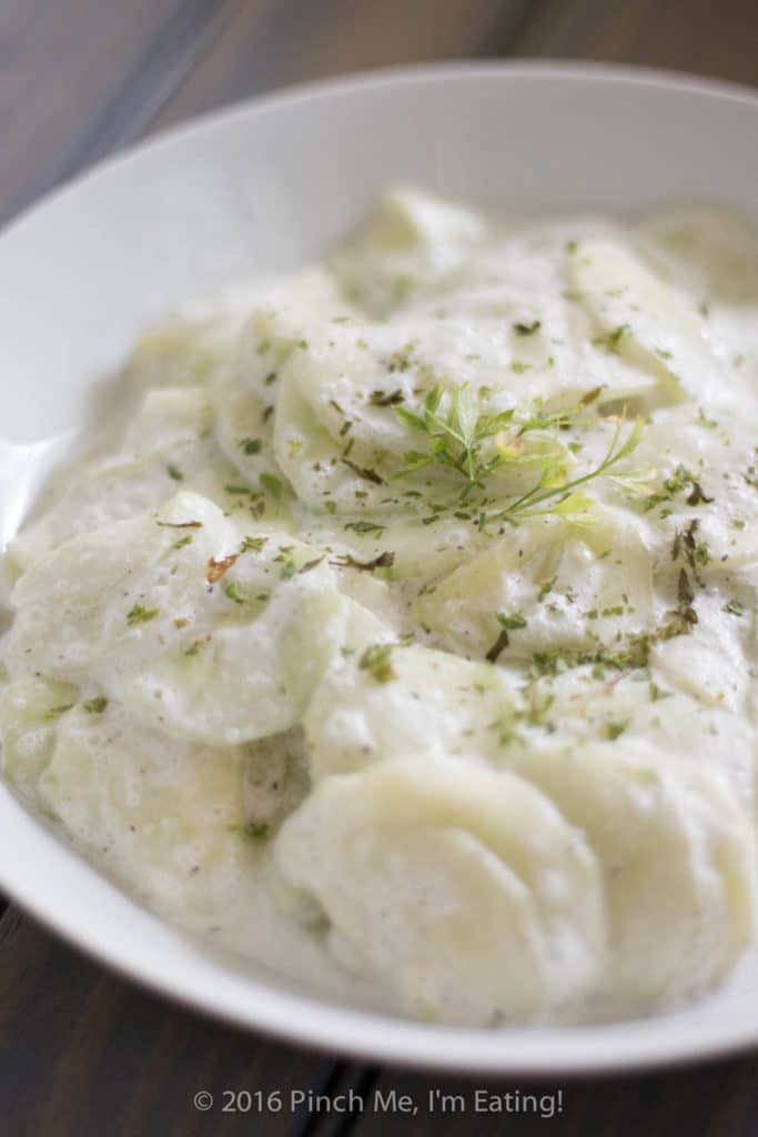 This creamy German cucumber salad, or Gurkensalat, is the perfect companion side dish for bratwurst or burgers. Tangy, sweet, and fresh, it's a deliciously easy summer salad. | www.pinchmeimeating.com