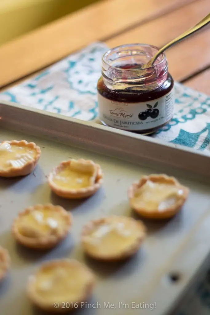 Bite-sized jam and brie tartlets combine melty cheese and your favorite jam for an irresistibly adorable appetizer you can serve at your next wine and cheese party. You'll have a hard time saving some of these canapés for your guests! This recipe uses Brazilian jabuticaba jam, but you can use your favorite kind or even multiple flavors of jam for a variety plate! | www.pinchmeimeating.com