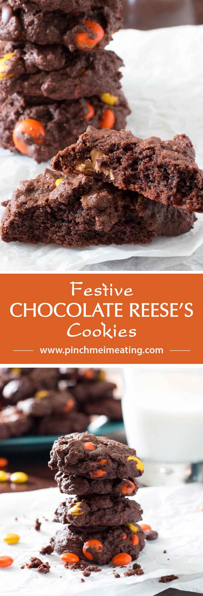 Chocolate Reese's cookies are cakey, brownie-like treats that are packed with peanut butter morsels and stay soft for days! With a rich brown chocolate cookie and orange and yellow Reese's Pieces, these cookies are full of fall colors and are perfect for autumn holidays!