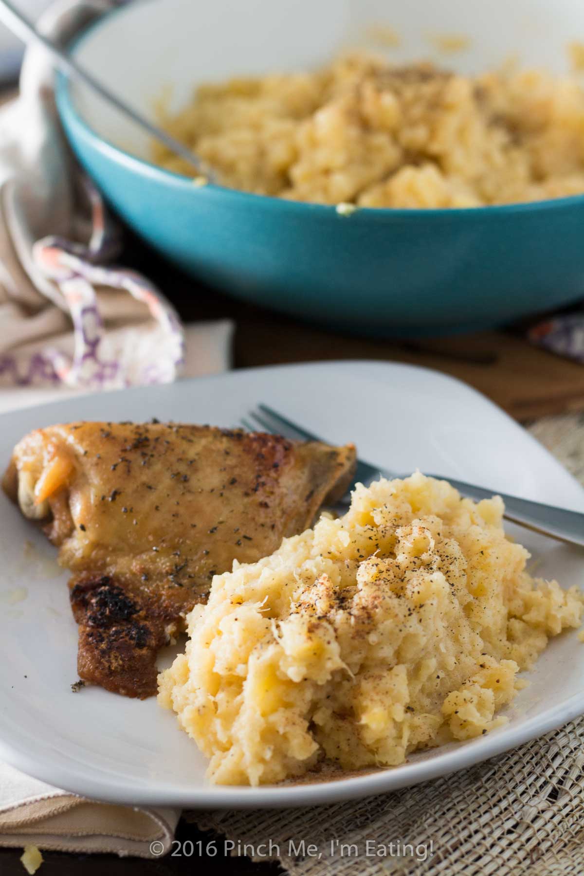 Mashed rutabaga is a delicious, naturally sweet low-carb Thanksgiving side dish made even better with a little nutmeg. You won't want to go back to potatoes! | www.pinchmeimeating.com