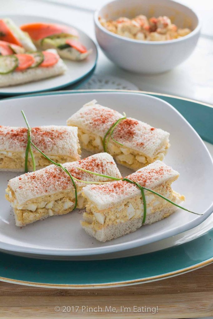 Deviled egg salad finger sandwiches are a classic for afternoon tea! Find these and other tea sandwich recipes weekly at Tea for Tuesdays.