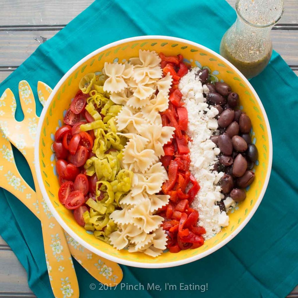 Overhead shot of Mediterranean pasta salad with Greek dressing