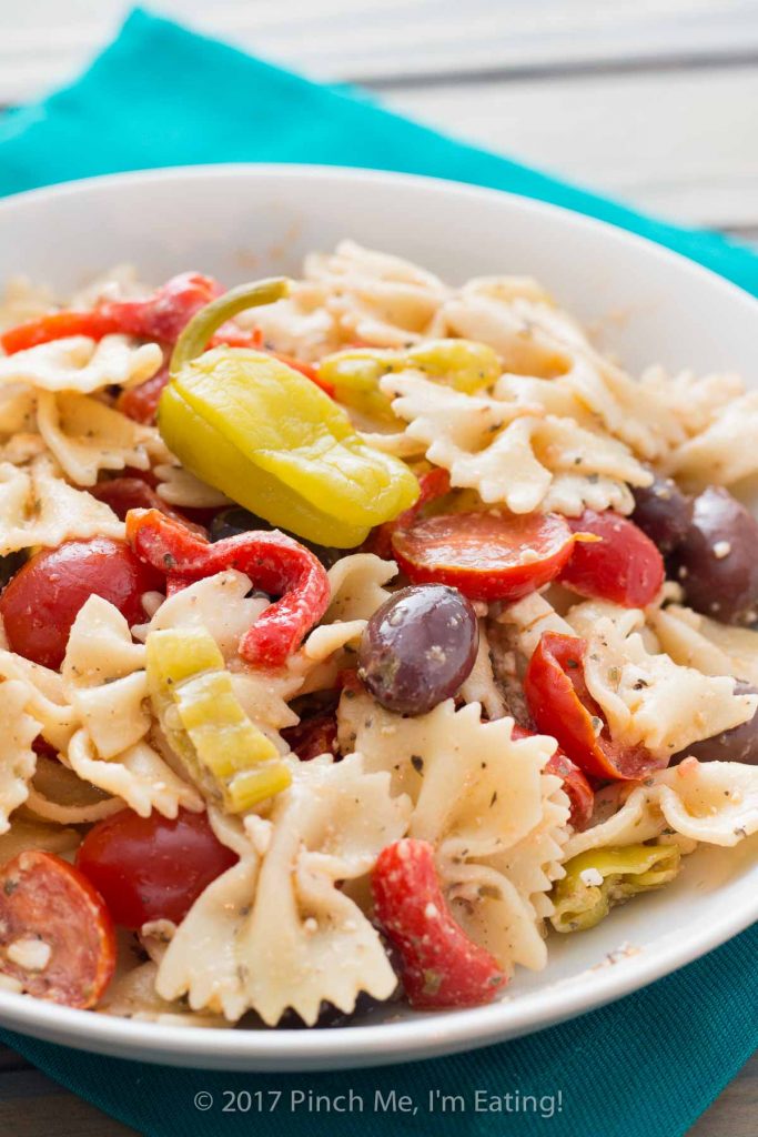 Closeup of Mediterranean bowtie pasta salad