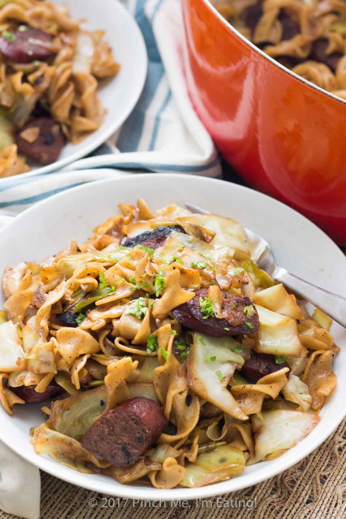 Kielbasa and cabbage with egg noodles is the perfect comfort food for an easy weeknight dinner! Buttery, smokey, and a little sweet for a flavor that can't be beat!