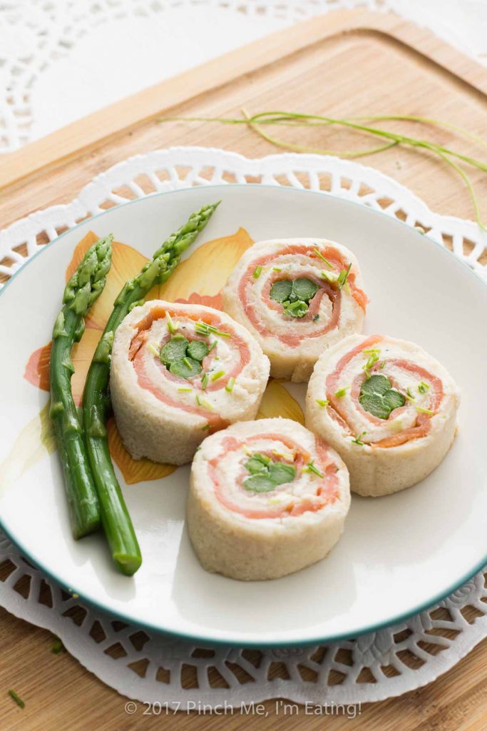 Asparagus and smoked salmon pinwheels with lemon chive cream cheese are the perfect tea sandwiches: beautiful, elegant, and flavorful! They're my favorite finger sandwiches!