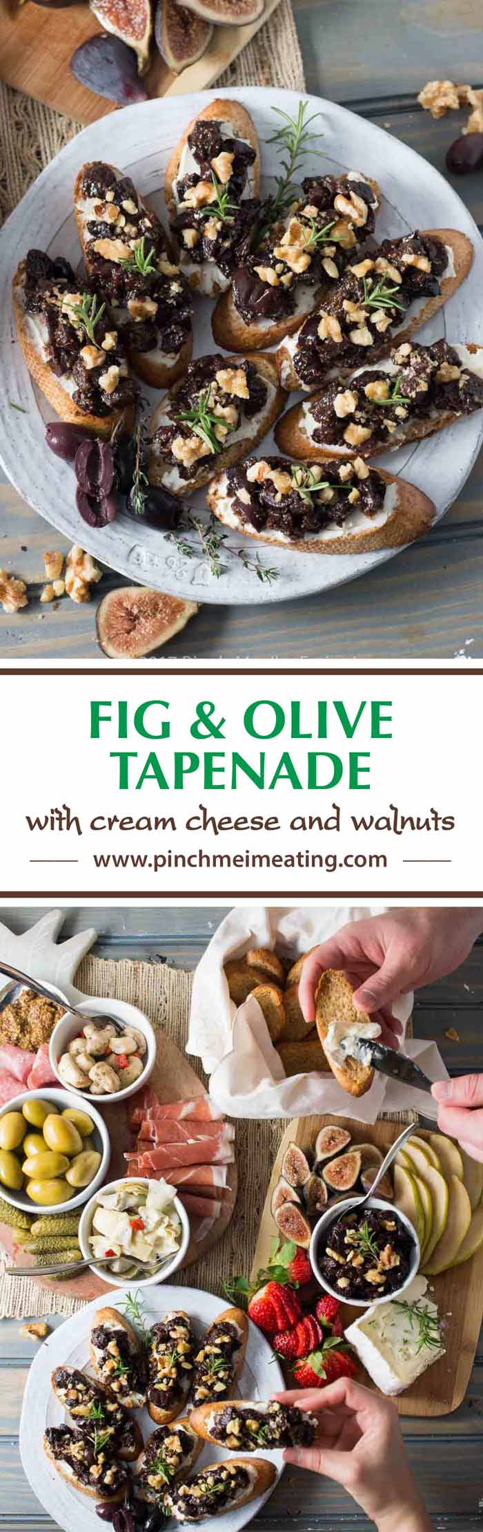 This velvety fig and olive tapenade makes an easy and elegant appetizer for a party or a date night in! You can pre-assemble it with cream cheese and walnuts on crostini or serve it spooned over cheese for guests to spread themselves.