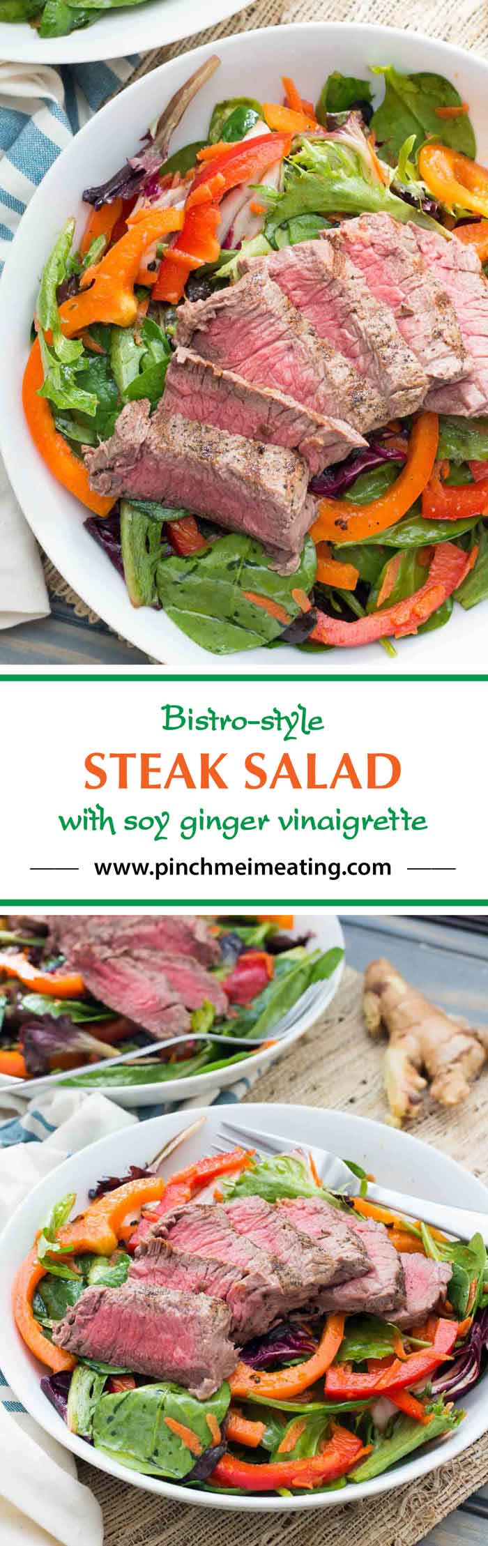 This mixed greens salad with bell peppers and a soy ginger vinaigrette is topped with a rare steak for a light and refreshing spring or summer lunch!
