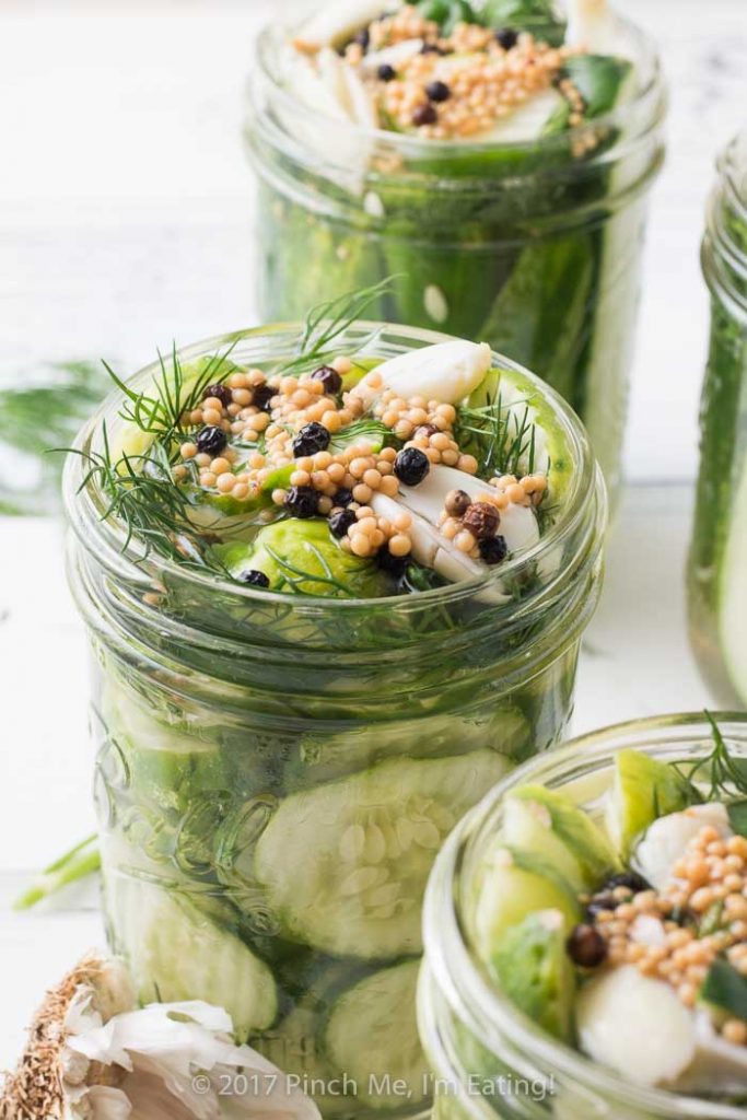 Open jars of sliced fresh refrigerator dill pickles topped with pickling spices and fresh dill
