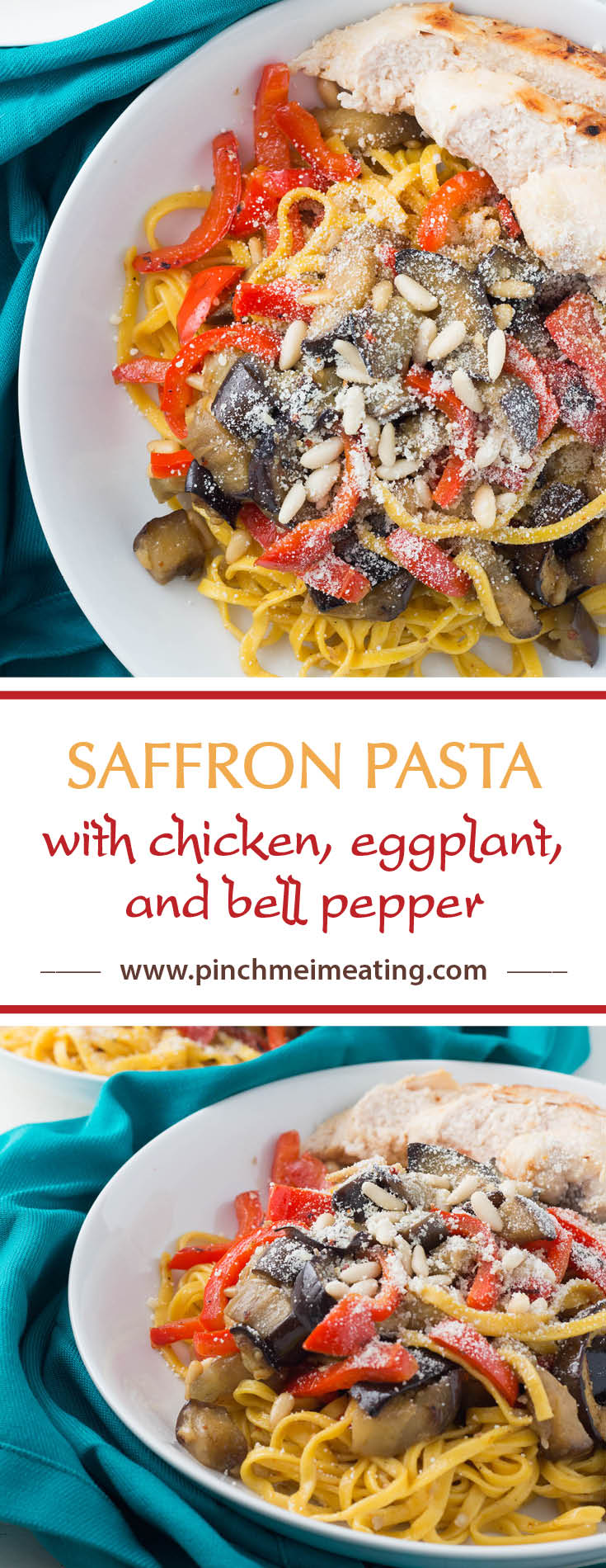 Saffron pasta with eggplant, chicken, bell pepper, and pine nuts may look fancy, but it comes together very easily for a simple weeknight dinner!