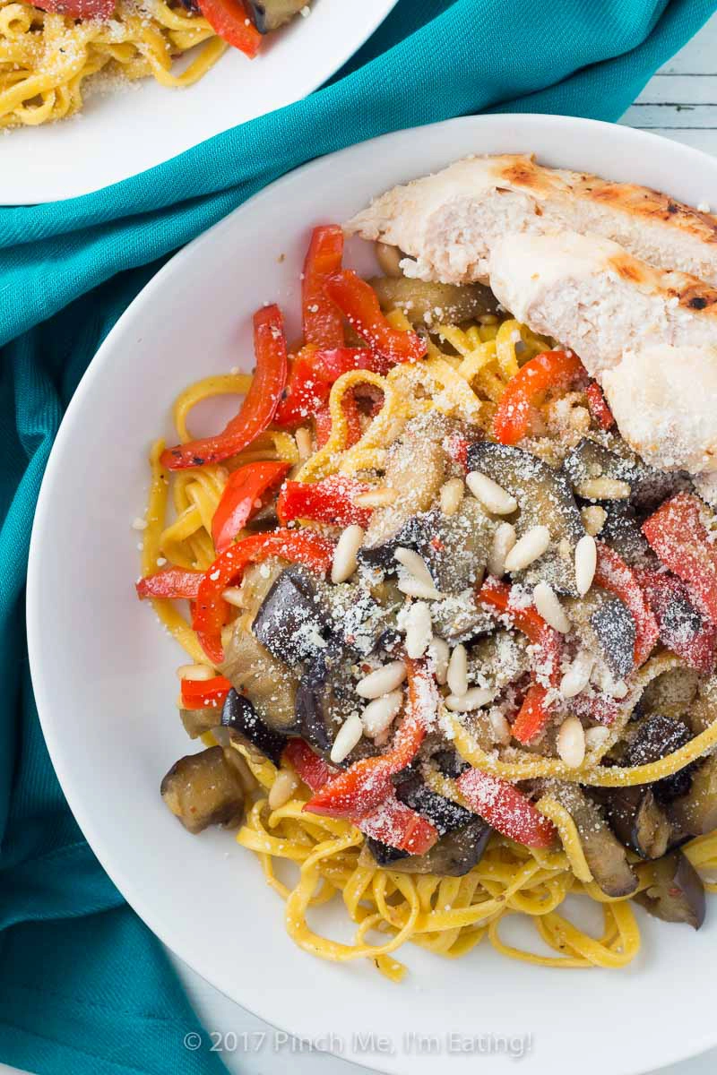 Saffron Pasta with Chicken, Eggplant, and Bell Pepper