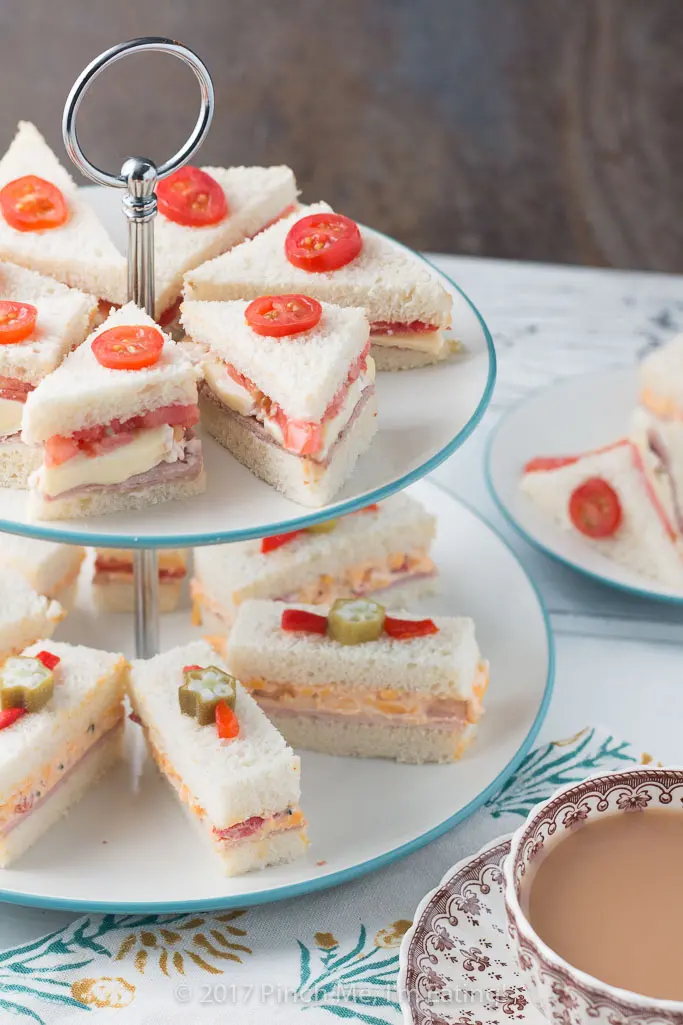 Ham and Pimento Cheese Tea Sandwiches with Pickled Okra Garnish - Pinch ...