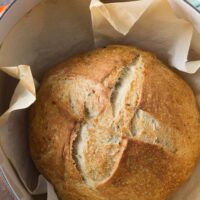 Rosemary thyme no-knead Dutch oven bread is airy and soft on the inside with a glossy crust that shatters when you cut into it - the perfect crusty bread for stew or just dipping into olive oil! Best of all, you hardly have to do anything to make it!