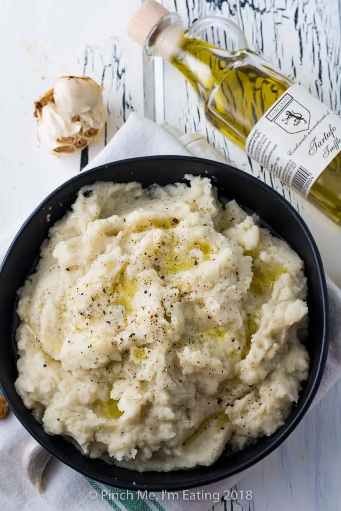 Roasted garlic truffle mashed potatoes are an easy gourmet twist on a classic comfort food. It's a perfect side dish for Thanksgiving, Christmas, or any cozy cool weather meal!