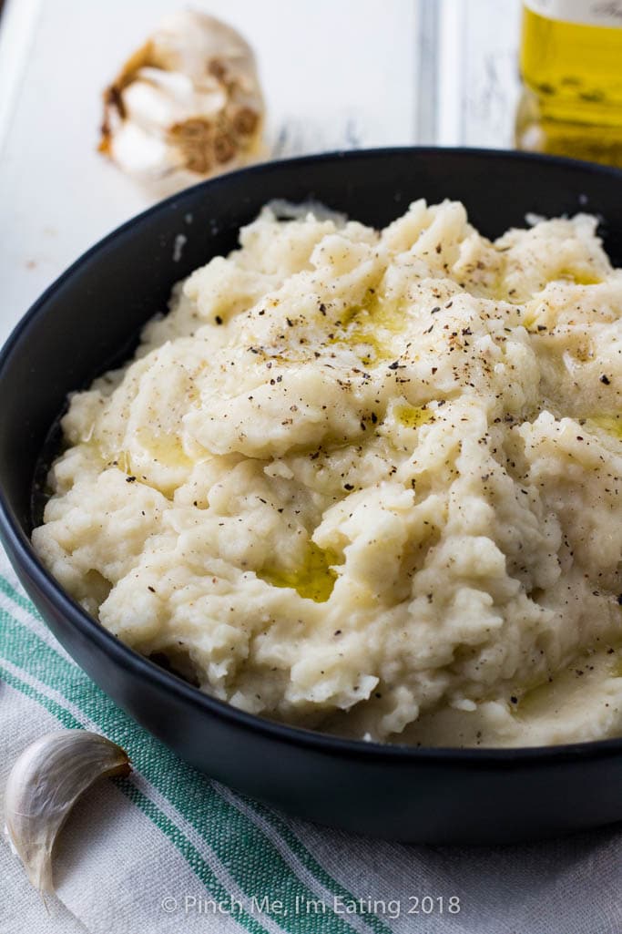 Roasted garlic truffle mashed potatoes are an easy gourmet twist on a classic comfort food. It's a perfect side dish for Thanksgiving, Christmas, or any cozy cool weather meal!