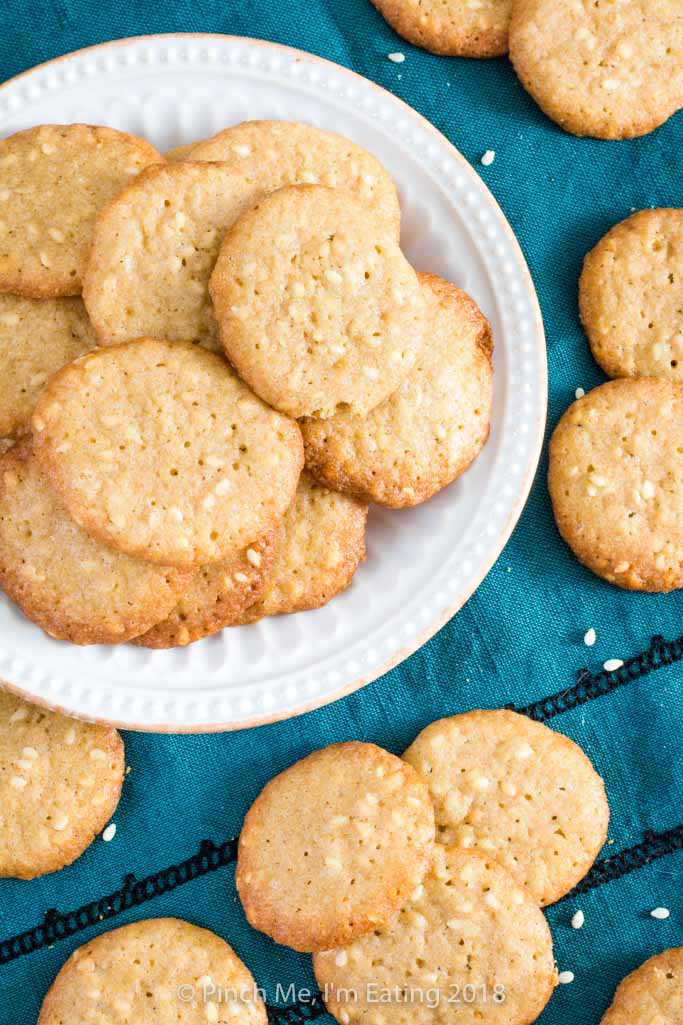 Benne wafers on small plate with blue cloth napkin