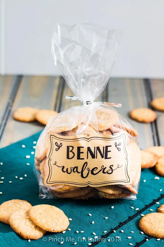 Benne wafers in cellophane treat bag with hand-lettered label for gift or favor