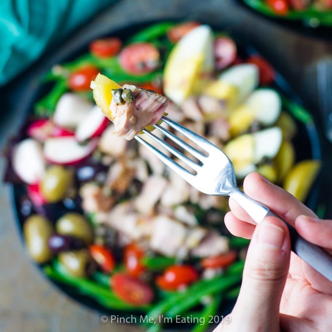Closeup of fork holding tuna over Nicoise salad