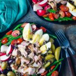 Overhead shot of classic French tuna Nicoise salad