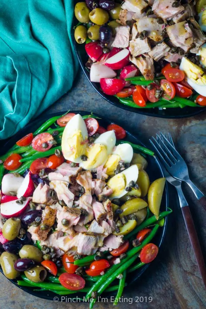 Overhead shot of classic French tuna Nicoise salad