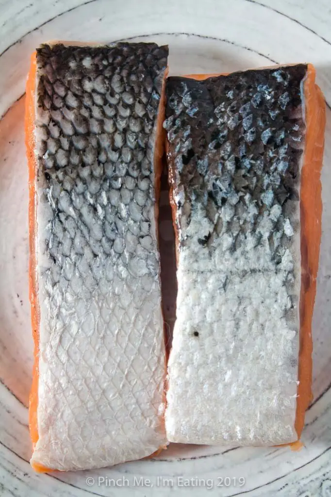 One salmon fillet with scales and one salmon fillet without scales