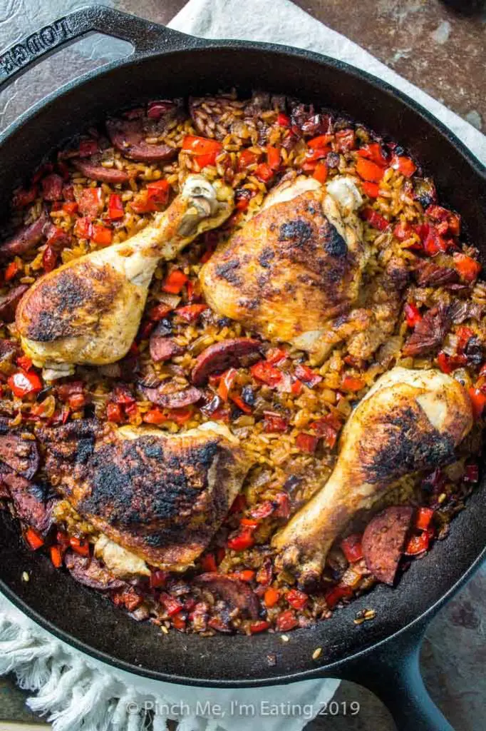 Chicken and chorizo paella in a cast iron skillet