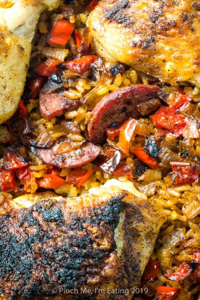 Closeup of Chicken and chorizo paella