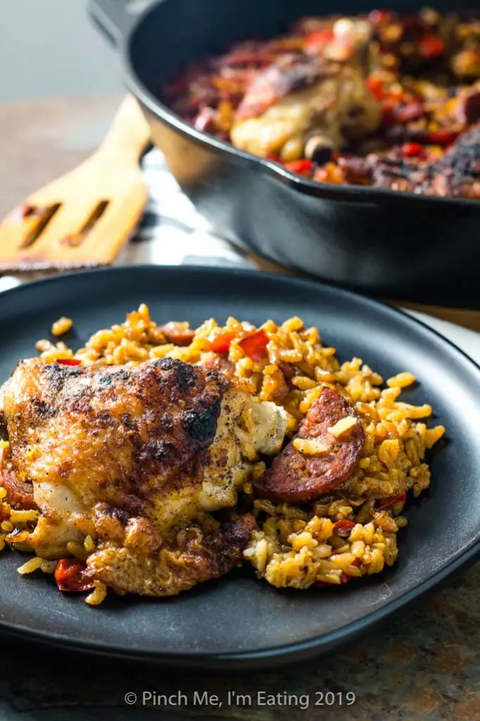 Chicken and chorizo paella served on a plate