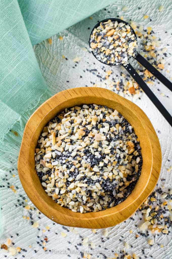 A small bowl full of homemade everything bagel seasoning spice mix