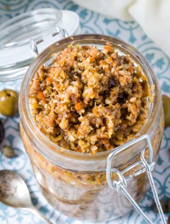 Homemade black and green olive tapenade in a jar
