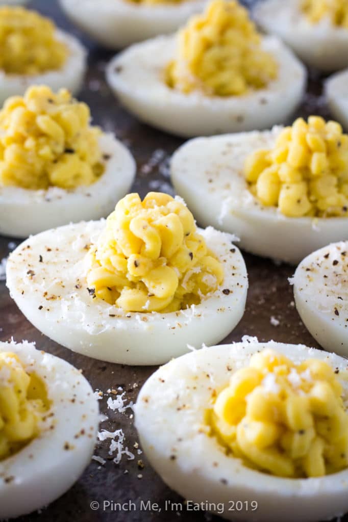 Side view of parmesan truffle deviled eggs