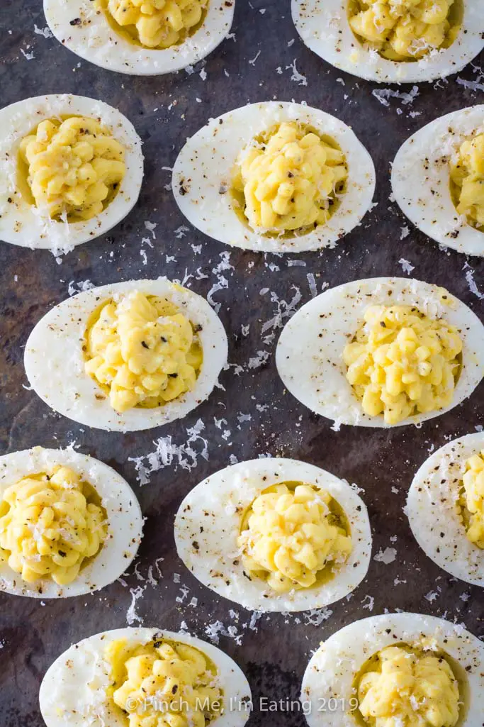 Overhead view of parmesan truffle deviled eggs