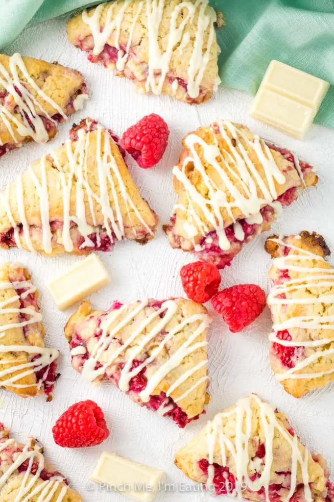 Overhead view of white chocolate raspberry scones