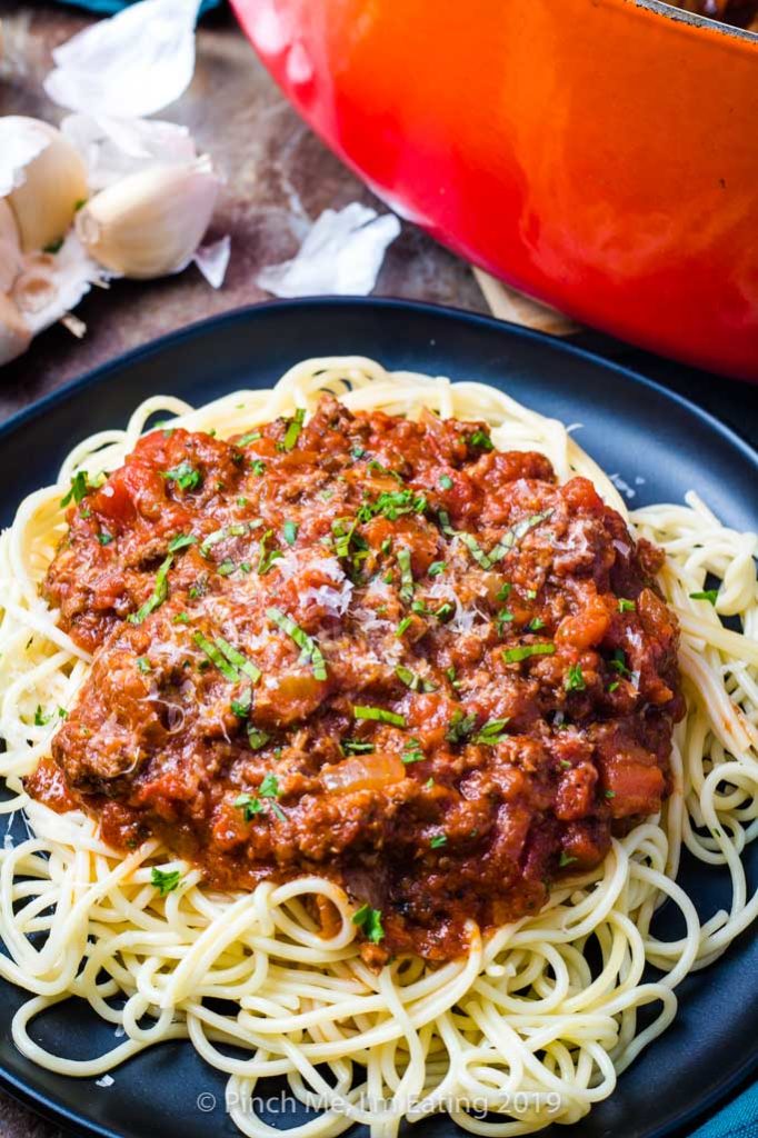 Homemade spaghetti meat sauce over pasta