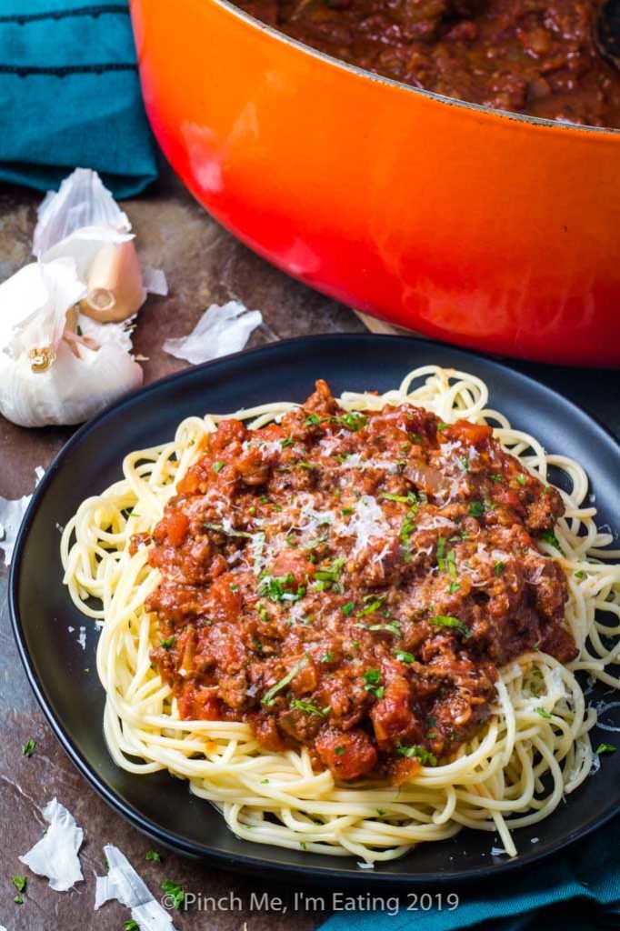 Homemade spaghetti meat sauce over pasta
